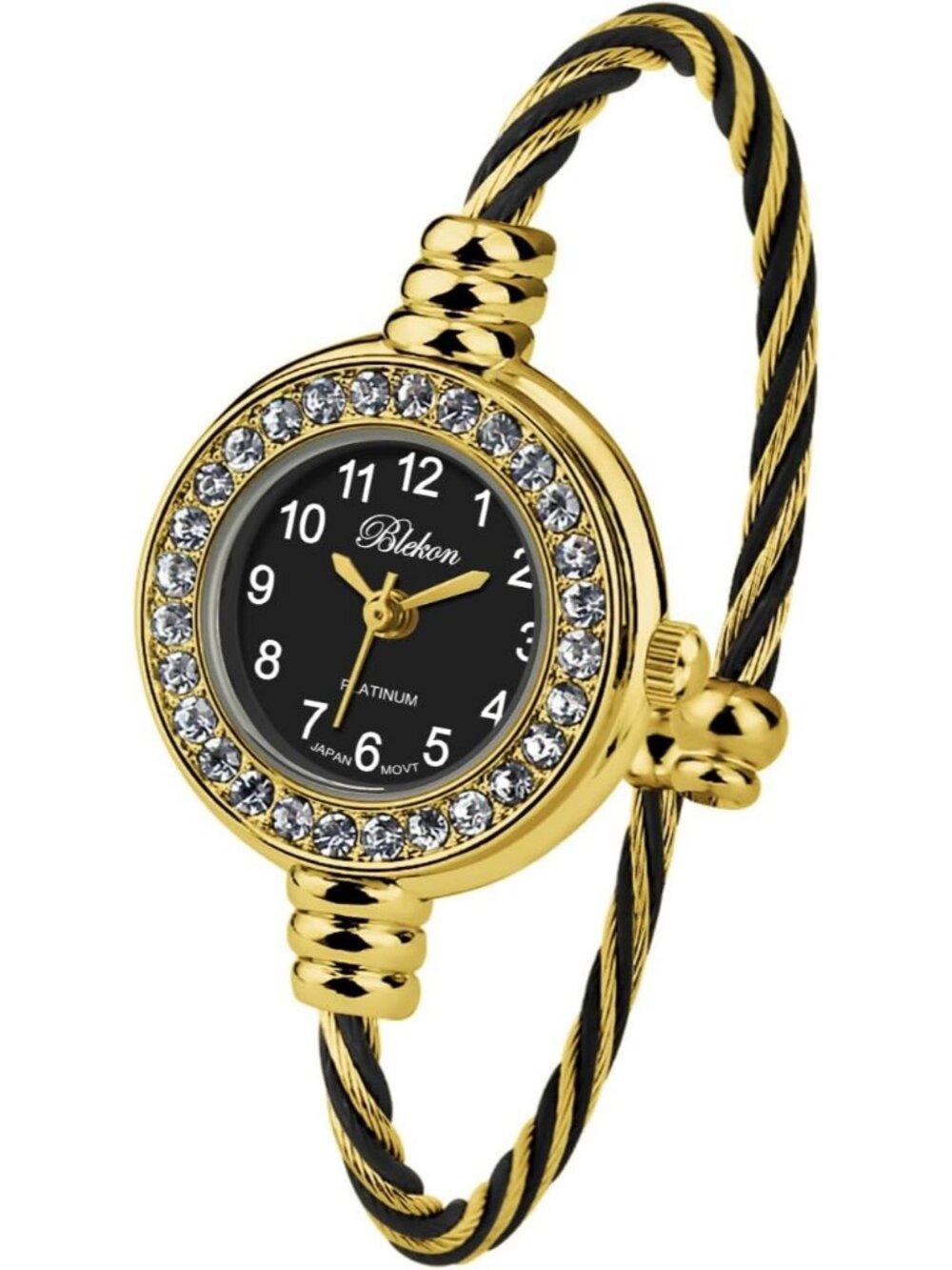 Women's Rhinestone Gold/Black Round Analog Display Arabic Numbers Bracelet Watch